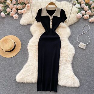 Waistband contrasting lapel dress收腰显瘦撞色翻领连衣长裙女