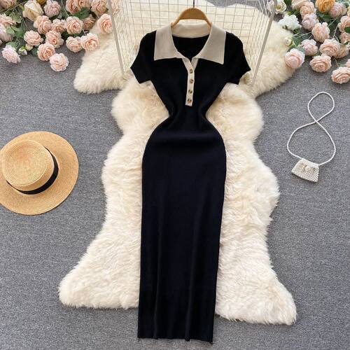 Waistband contrasting lapel dress收腰显瘦撞色翻领连衣长裙女