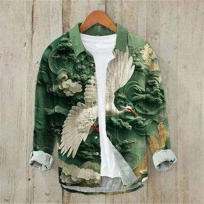 翻领印花长袖开衫Flip collar printed long sleeved open collar