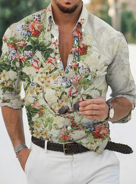 Men's long sleeved floral lapel shirt for men男碎花翻领衬衣