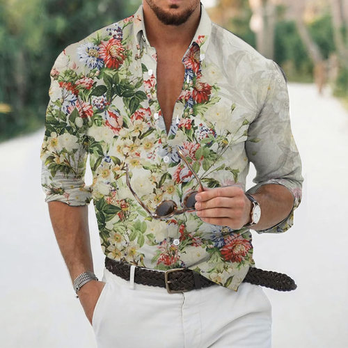 Men's long sleeved floral lapel shirt for men男碎花翻领衬衣