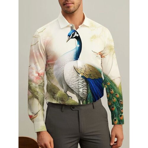 翻领印花系扣长袖衬衫Collar print buckle long sleeved T-shirt