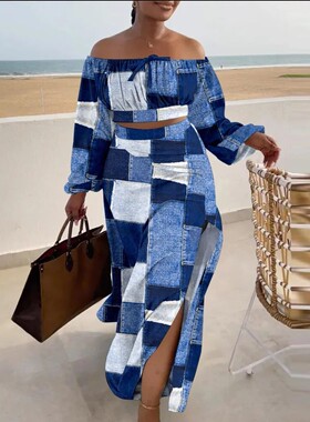 Color blocking off shoulder split set 撞色拼接露肩开叉套装女