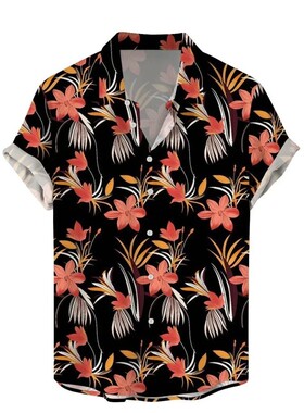 印花短袖纽扣开襟衬衫男士Printed short sleeved button placket