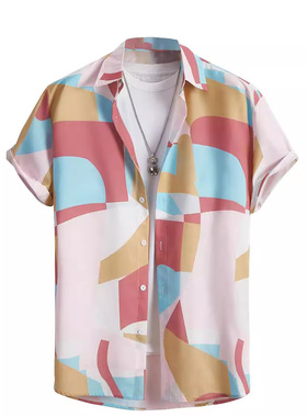 Men's collar color blocked printed shirt翻领撞色印花系扣衬衫