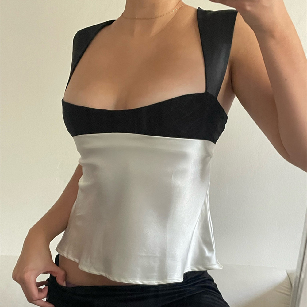Contrast Lace Sleeveless Square Neck Top撞色绑带无袖方领上衣