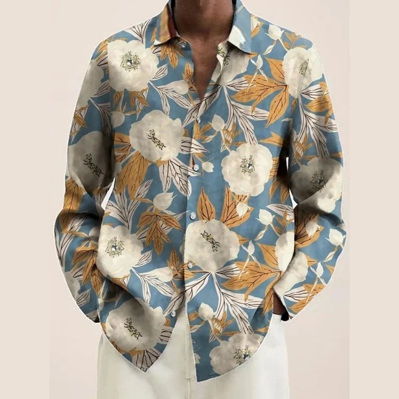 Printed collar shirt with short sleeves men 印花对襟衬衫长袖
