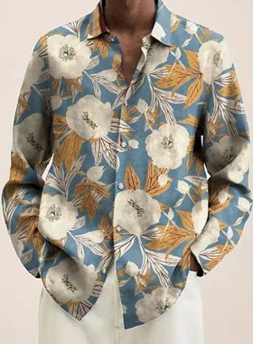 Printed collar shirt with short sleeves men 印花对襟衬衫长袖