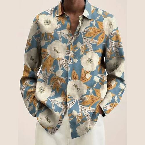 Printed collar shirt with short sleeves men 印花对襟衬衫长袖