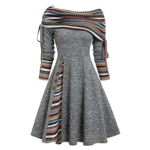 Waist Wrap Off Shoulder Long Sleeve Dress收腰一字肩A字连衣裙