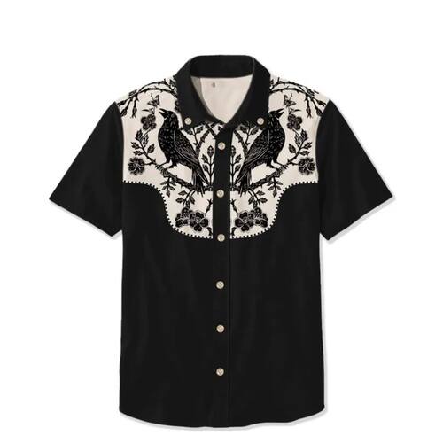 翻领印花系扣短袖衬衫 Collar print buckle short sleeved shirt