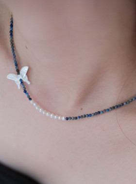 《庄生晓梦》新中式小众个性贝母蝴蝶天然淡水珍珠蓝色项链锁骨链