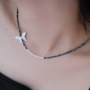 《庄生晓梦》新中式小众个性贝母蝴蝶天然淡水珍珠蓝色项链锁骨链