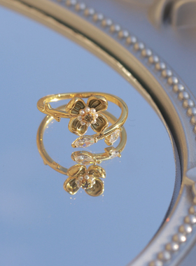 《春花语》复古绿色花朵珍珠开口圈戒指金色可调节指环不掉色