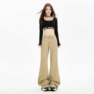 低腰宽松不贴腿阔腿喇叭裤 女2025秋季 子 复古卡其色微喇牛仔裤 美式