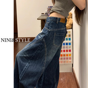 美式复古弯刀阔腿牛仔裤女2026春秋新款高腰宽松显瘦直筒镰刀裤子