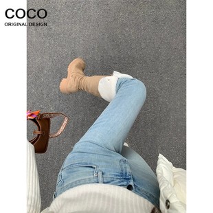 女2025秋冬薄绒弹力紧身提臀铅笔裤 浅色蜜桃臀高腰修身 小脚牛仔裤