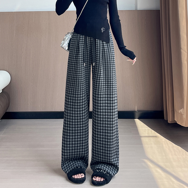 加肥加大码毛呢格子阔腿裤女