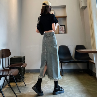 流苏牛仔半身裙女中长款2026年夏装新款毛边高腰显瘦包臀长裙子女