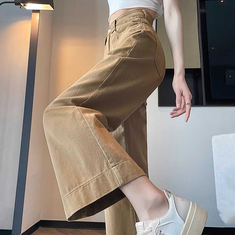 卡其色牛仔阔腿裤女九分2025春新款遮腿小个子八分高腰窄版直筒裤