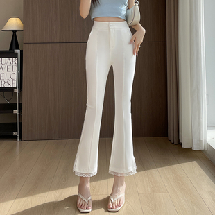 白色西装微喇叭裤女2025夏薄款小个子高腰显瘦蕾丝拼接垂感休闲裤