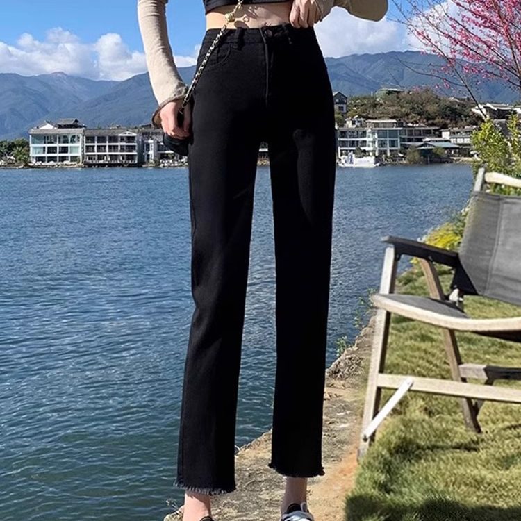 黑色高腰九分烟管牛仔裤小个子