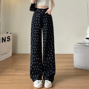 黑白色碎花牛仔阔腿裤女2025年夏新款高腰宽松显瘦直筒拖地裤子