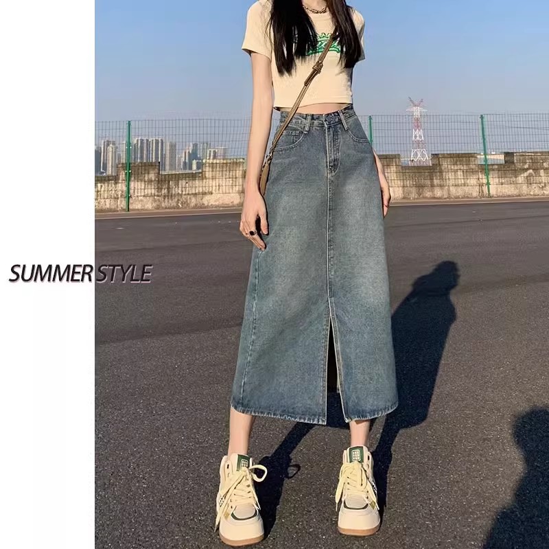 高腰开叉牛仔半身裙女2025春夏A字裙包臀半裙小个子梨形长裙薄款