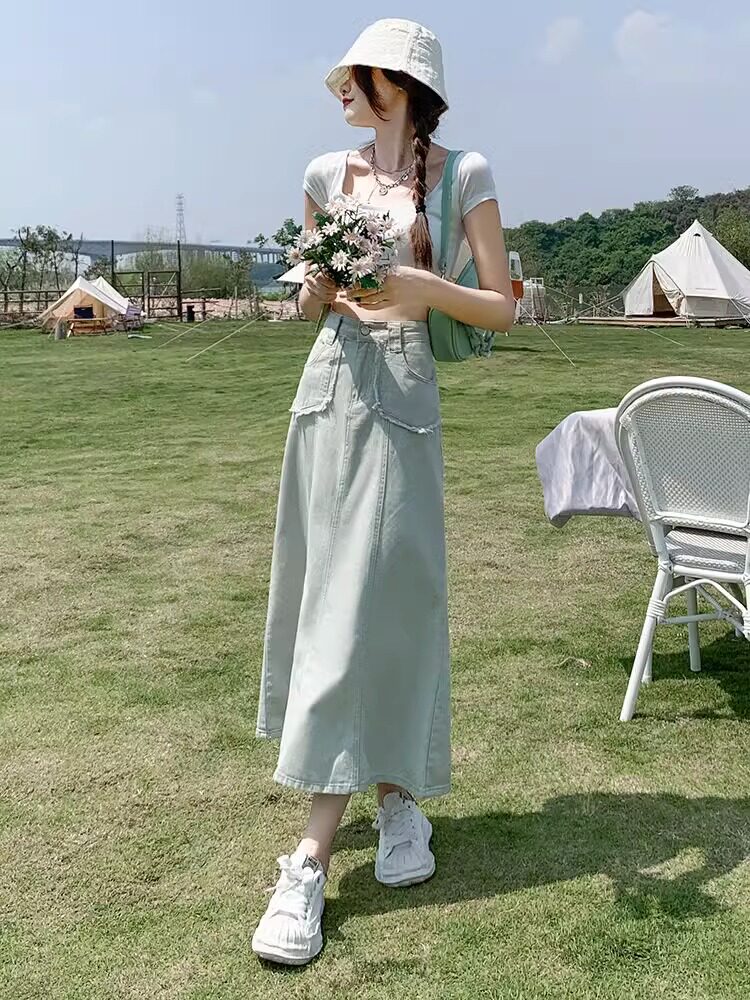薄荷绿牛仔裙中长款半身裙女夏季2026新款高腰显瘦鱼尾裙包臀长裙