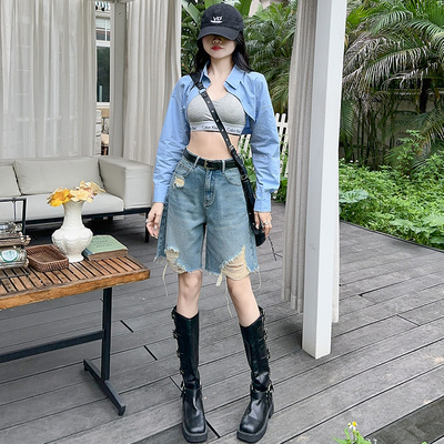 浅蓝色天丝软糯高腰牛仔短裤女
