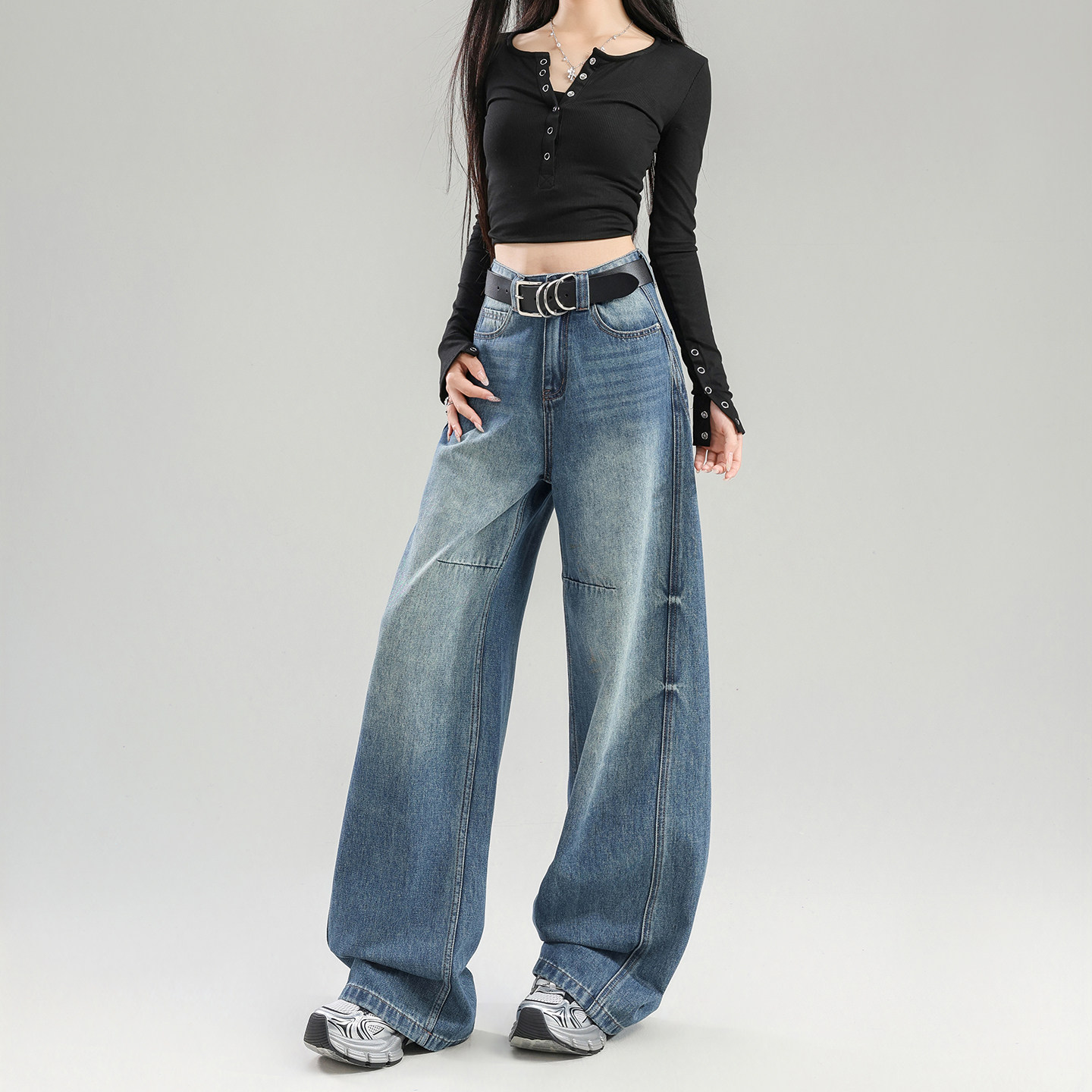 2025秋冬新款美式复古破洞弯刀牛仔裤女设计感宽松显瘦拖地阔腿裤,女装/女士精品,牛仔裤,淘宝优惠券,粉丝福利购,淘宝优惠卷