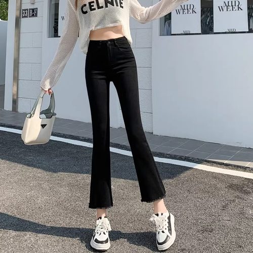 黑色微喇叭牛仔裤女秋冬加绒