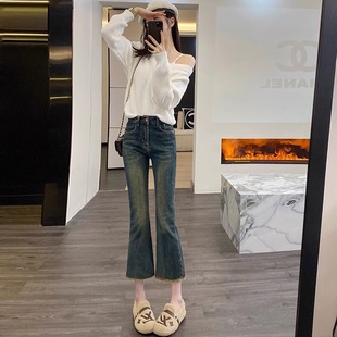 脚喇叭裤 百搭高腰显瘦春夏毛边裤 女小个子九分裤 复古蓝牛仔微喇裤