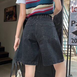 夏季薄款黑灰色五分牛仔裤女款小个子显瘦四分马裤松紧腰5分短裤