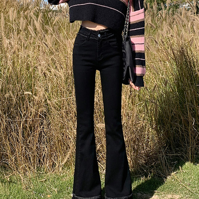 黑色微喇牛仔裤女2025新款爆款