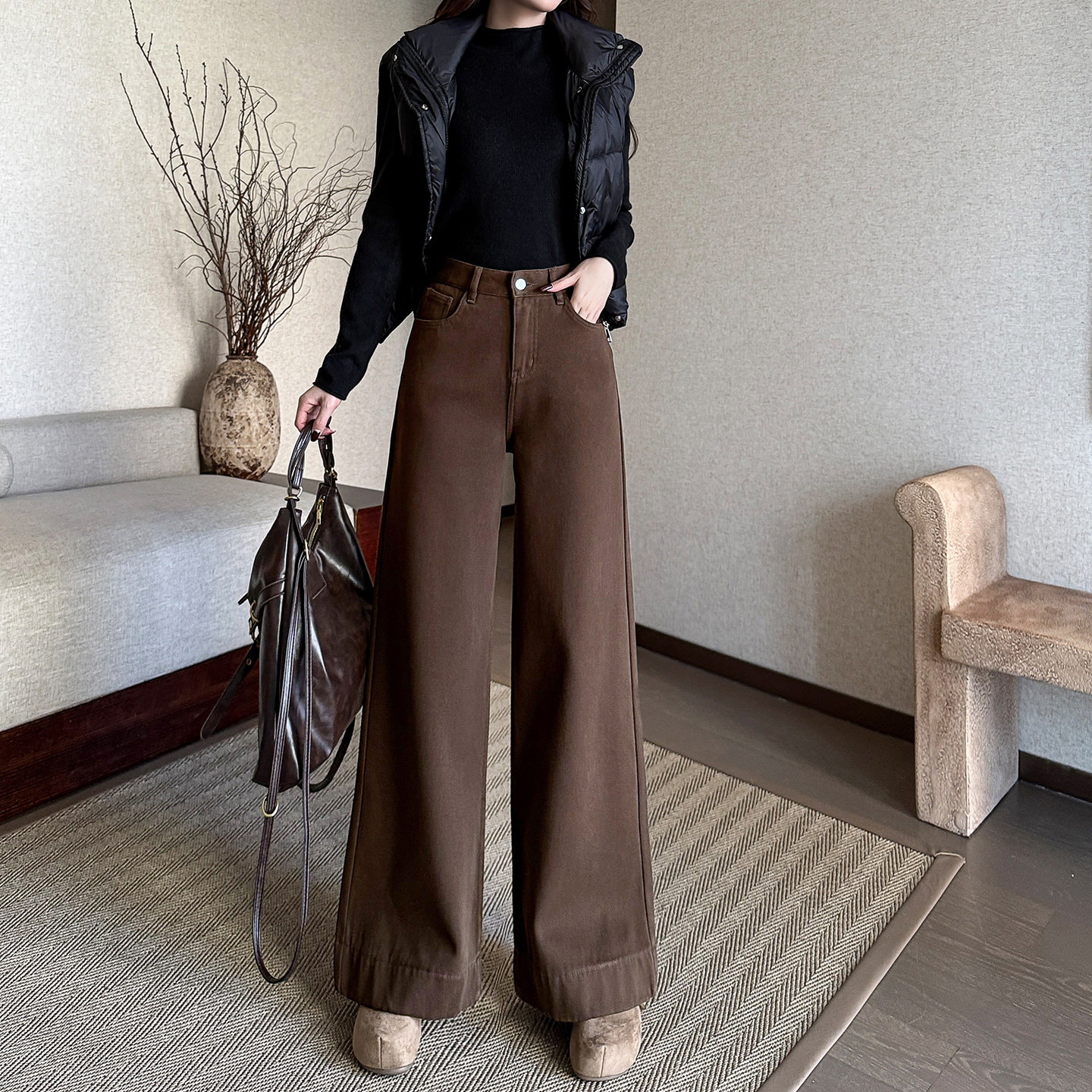 小个子美拉德穿搭咖色九分阔腿牛仔裤女秋冬加绒直筒微喇叭拖地裤,女装/女士精品,牛仔裤,淘宝优惠券,粉丝福利购,淘宝优惠卷