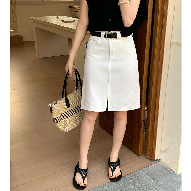 白色牛仔半身裙女开叉高腰a字夏薄款梨型身材宽松显瘦中长款5分裙