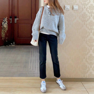 黑色加绒烟管裤女秋冬九分小个子女士2025新款薄绒修身显瘦牛仔裤