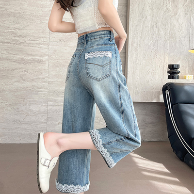 蕾丝花边八分直筒牛仔裤女夏薄款