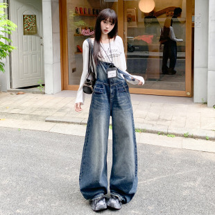 女宽松显瘦小众设计感拖地裤 高腰阔腿牛仔背带裤 子 新款 2026春夏季