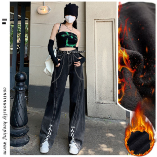 黑色高街2025秋冬款加绒宽松阔腿牛仔裤女美式磨白镰刀设计感高腰