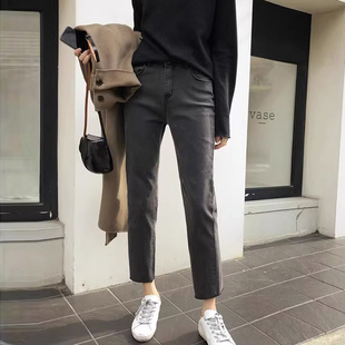 烟灰色高腰加绒直筒牛仔裤女秋小个子2025新款九分大码八分烟管裤