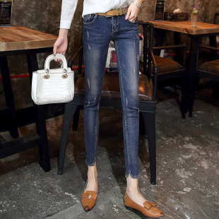 紧身破洞牛仔裤 修身 女小脚裤 铅笔裤 九分裤 复古港味2025春夏新款