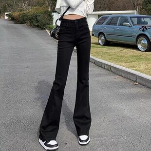黑色微喇牛仔裤女2026春秋加绒高腰显瘦大码弹力加长裤拖地马蹄裤