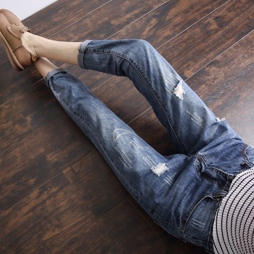 哈伦裤九分全棉牛仔破洞显瘦宽松