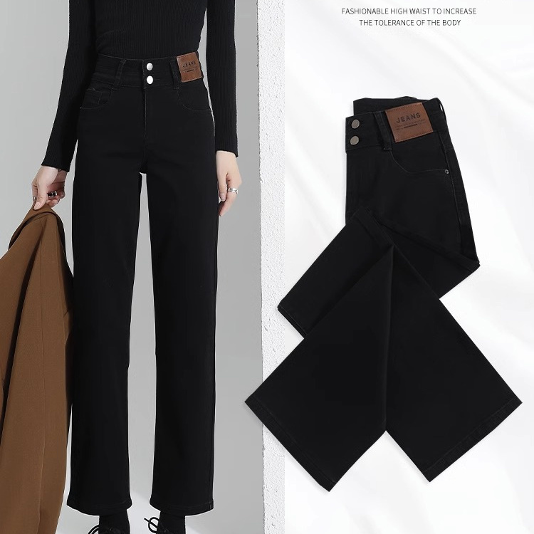 黑色高腰窄版直筒牛仔裤女