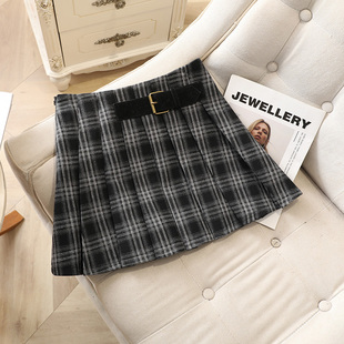 黑色毛呢百褶裙半身裙女2025秋冬季新款高腰显瘦格子a字包臀短裙