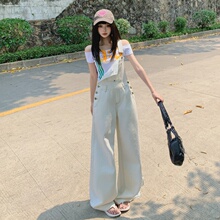 2025新款夏季薄款美式复古白色背带牛仔裤女高腰宽松显瘦阔腿裤子