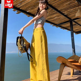 柠檬黄色阔腿牛仔裤女2025秋冬新款高腰显瘦宽松百搭直筒拖地长裤