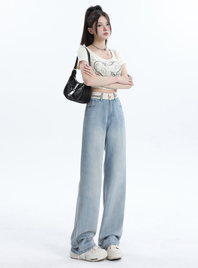 浅蓝色莱赛尔天丝垂感阔腿牛仔裤女2026夏薄款新款小个子直筒裤子